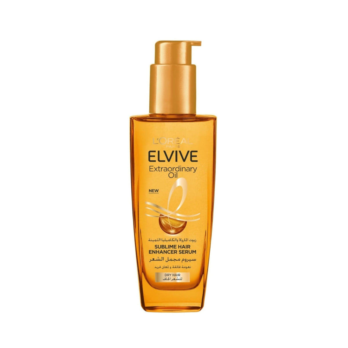 Refect Beauty L'Oréal Paris Elvive Extraordinary Oil hair serum in a clear amber bottle with a gold pump dispenser.