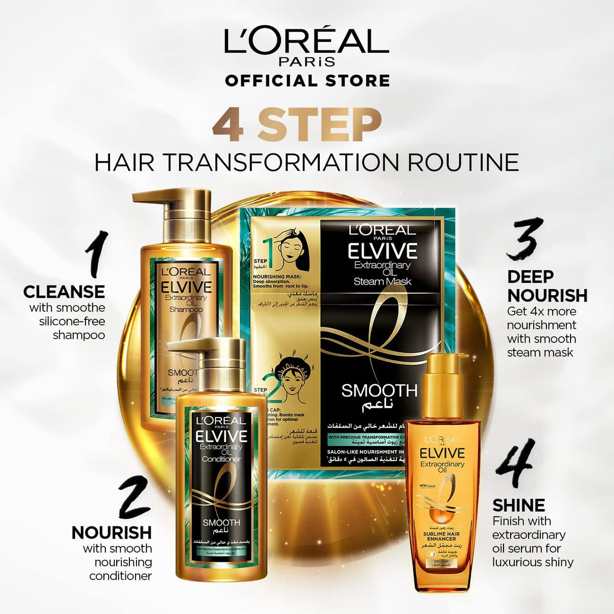 Refect Beauty L'Oreal Paris Elvive 4-step hair care routine set featuring shampoo, conditioner, mask, and oil serum.