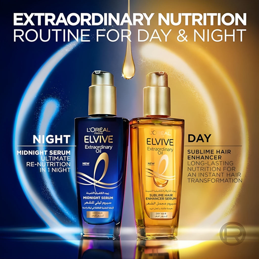 Refect Beauty L'Oreal Paris Elvive Extraordinary Oil day and night hair serum bottles with camellia oil for dry hair