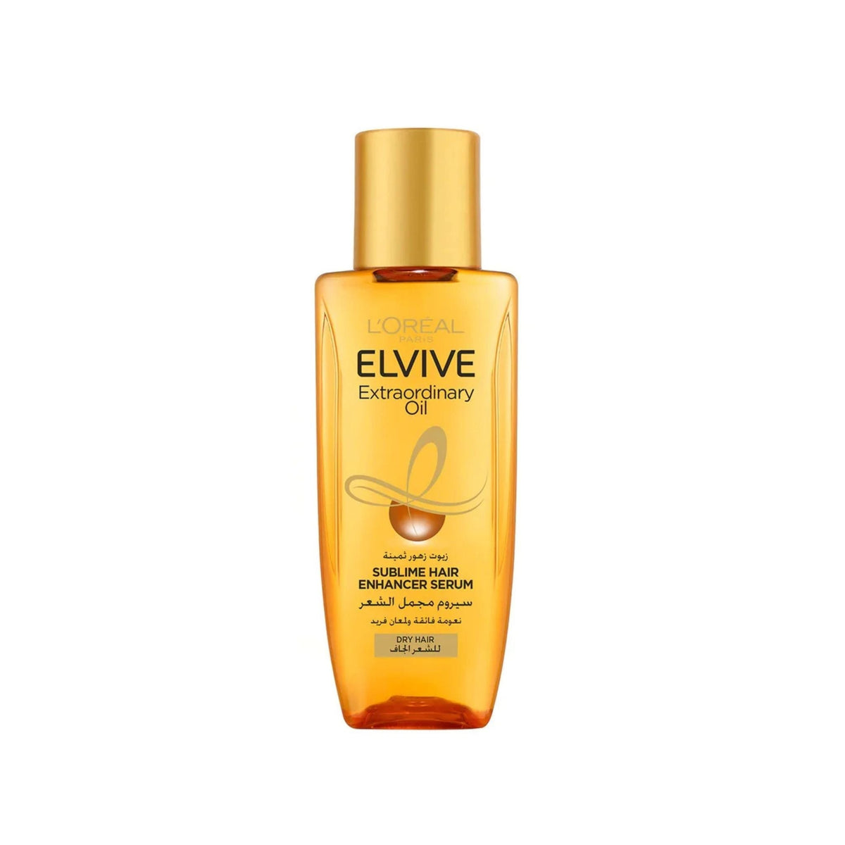Refect Beauty L'Oréal Paris Elvive Extraordinary Oil hair serum in a clear amber bottle with a gold cap.