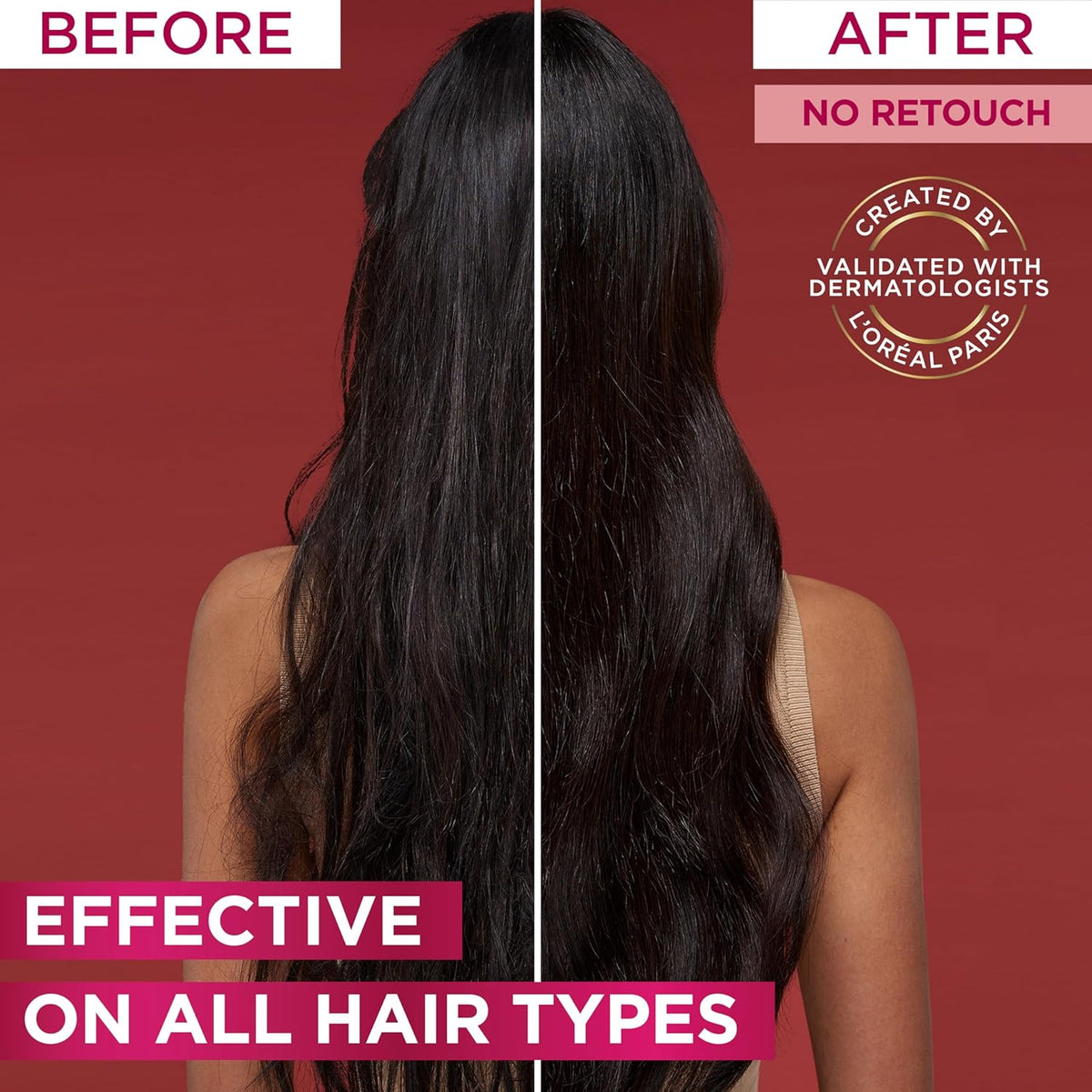 Refect Beauty L'Oréal Paris Elvive Full Resist hair treatment before and after comparison on long dark hair