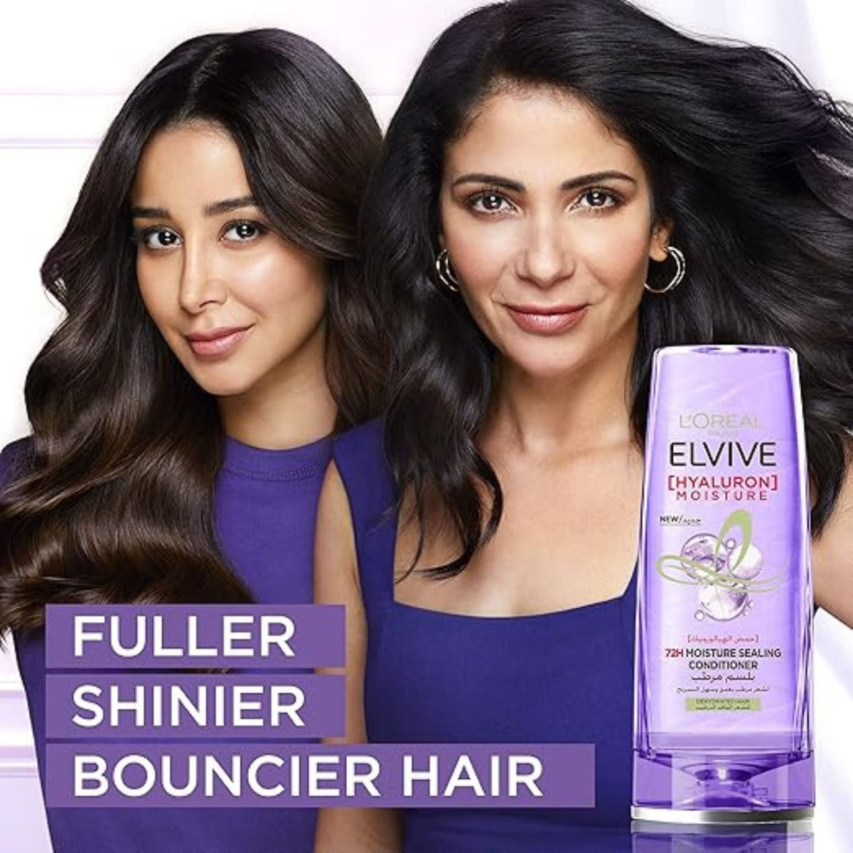 Refect Beauty L'Oréal Paris Elvive Hyaluron Moisture conditioner bottle with two women showing shiny, healthy hair.