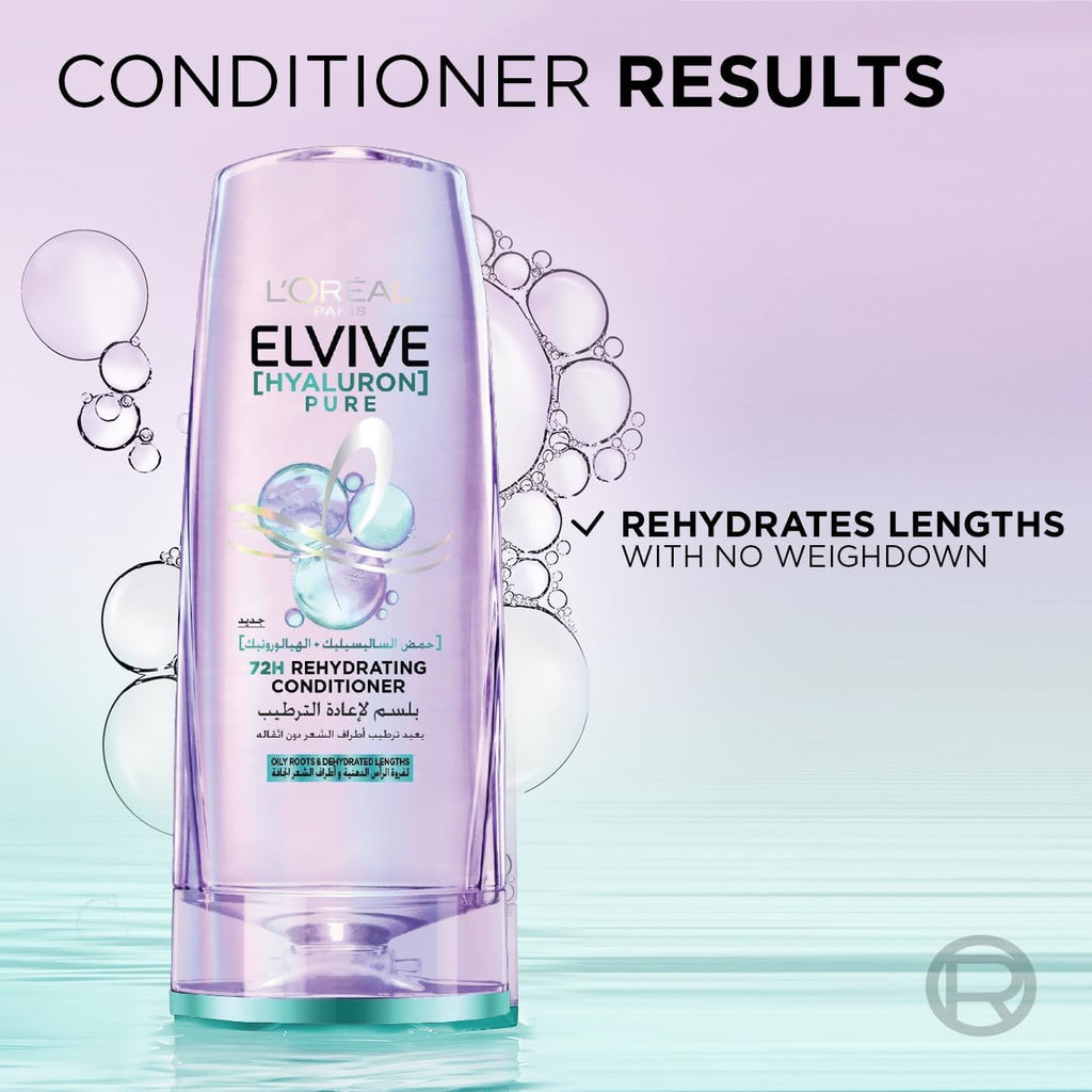 Refect Beauty L'Oreal Paris Elvive Hyaluron Pure rehydrating conditioner bottle for oily roots and dry hair lengths.