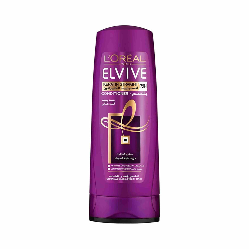 Refect Beauty L'Oreal Paris Elvive Keratin Straight conditioner bottle in purple for frizz control and smooth hair