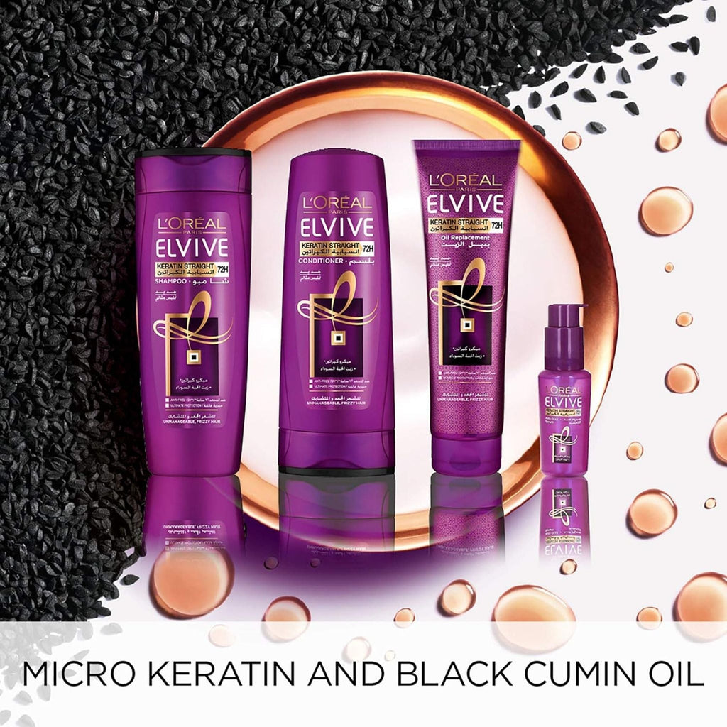 Refect Beauty L'Oreal Paris Elvive Keratin Straight hair care set with shampoo, conditioner, and oil treatment.