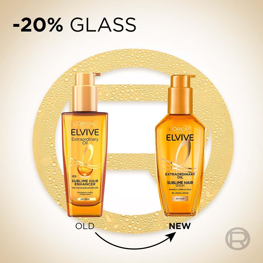 Refect Beauty comparison of old and new L'Oréal Paris Elvive Extraordinary Oil hair serum bottles with gold pump.