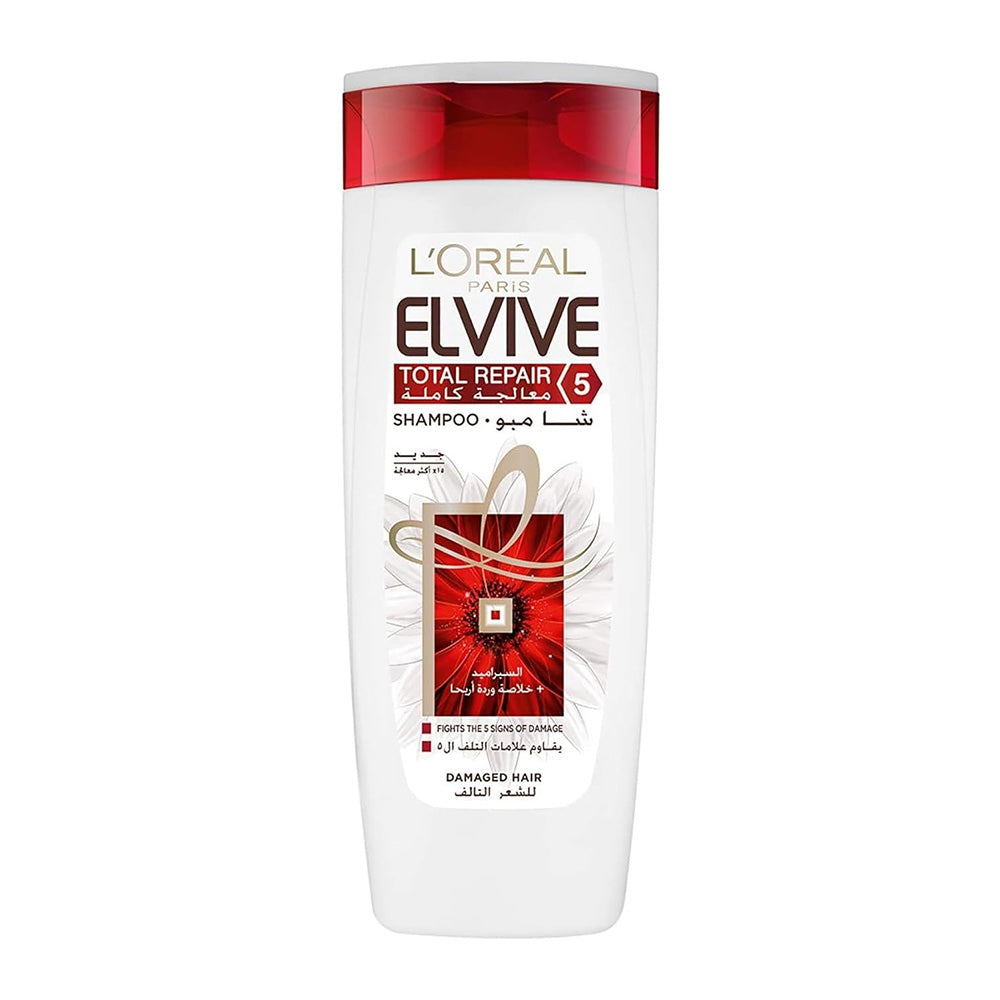 Refect Beauty L'Oreal Paris Elvive Total Repair 5 shampoo bottle for damaged hair with red cap and white packaging