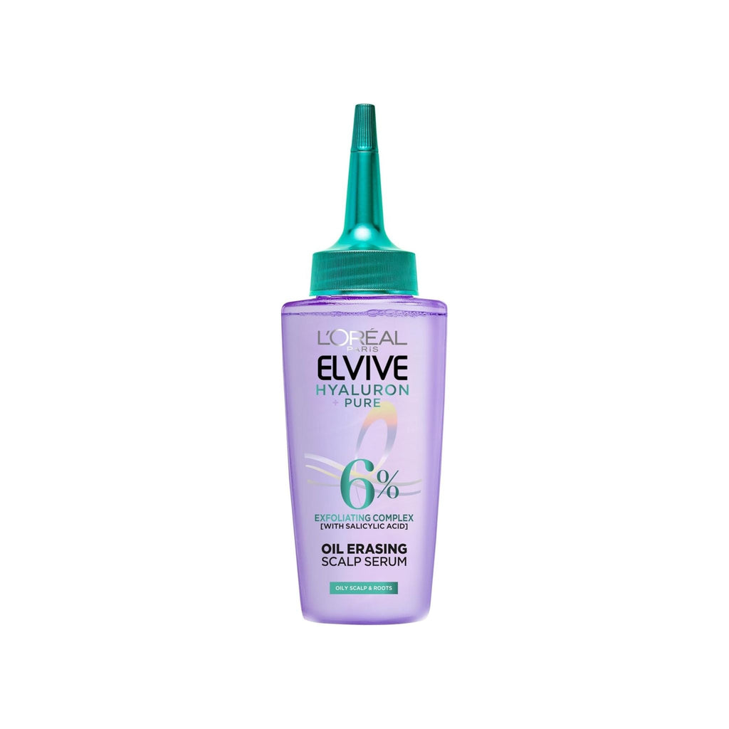 Refect Beauty L'Oreal Paris Elvive Hyaluron Pure scalp serum in a purple bottle with a teal applicator nozzle.