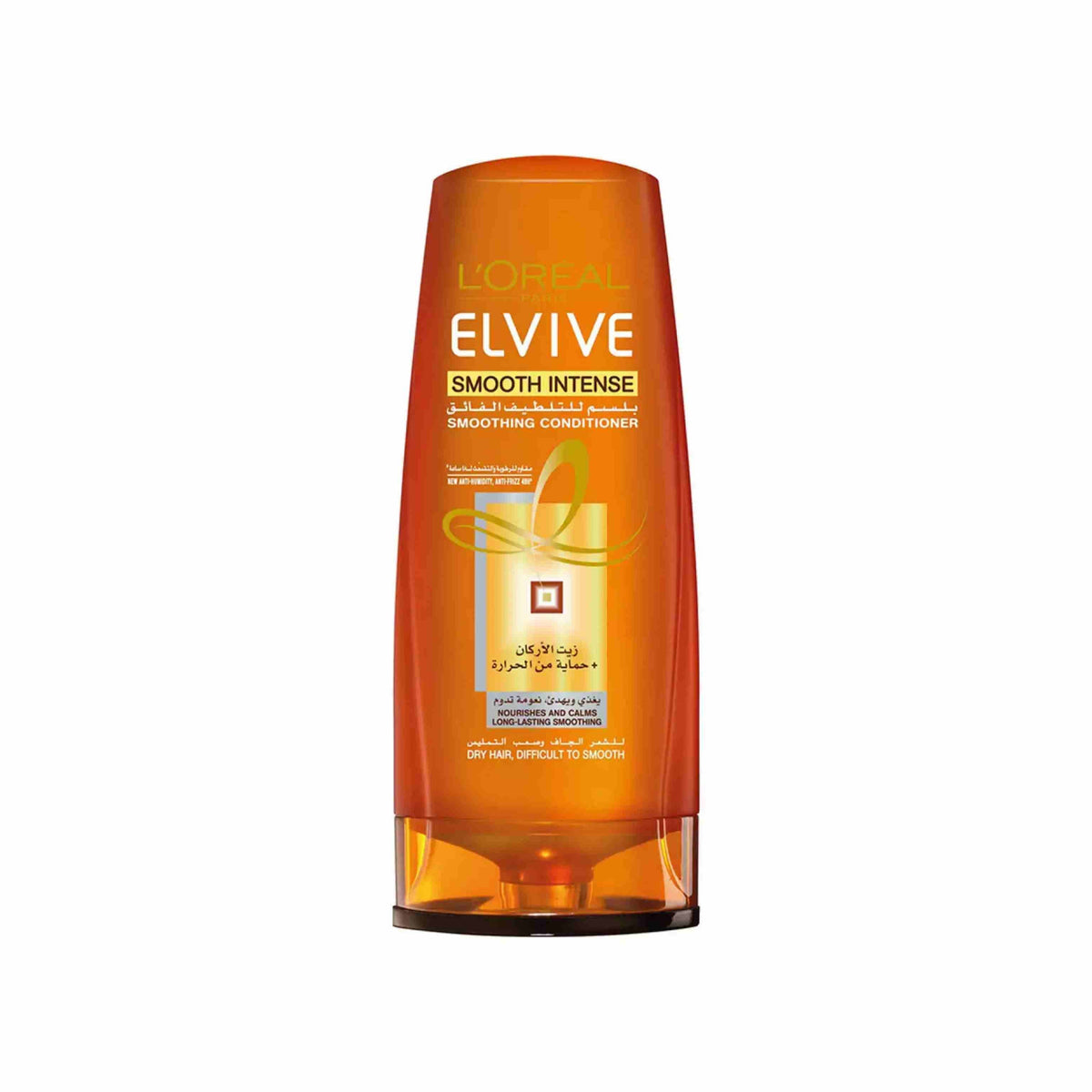 Refect Beauty L'Oreal Paris Elvive Smooth Intense conditioner bottle for dry and frizzy hair in orange packaging.