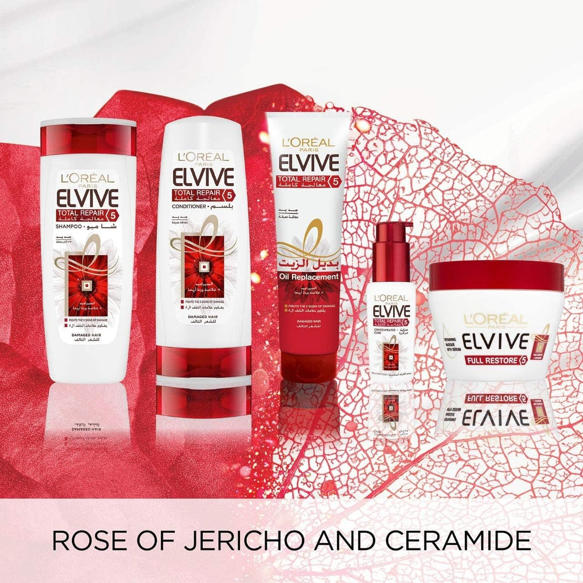 Refect Beauty L'Oreal Paris Elvive Total Repair 5 hair care collection featuring shampoo, conditioner, and treatments.