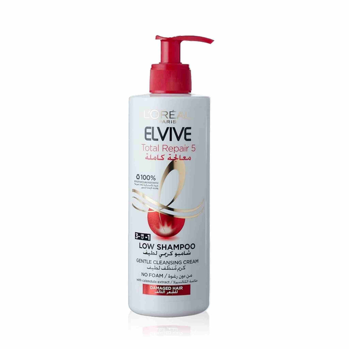 Refect Beauty L'Oreal Paris Elvive Total Repair 5 Low Shampoo bottle for damaged hair with a red pump dispenser