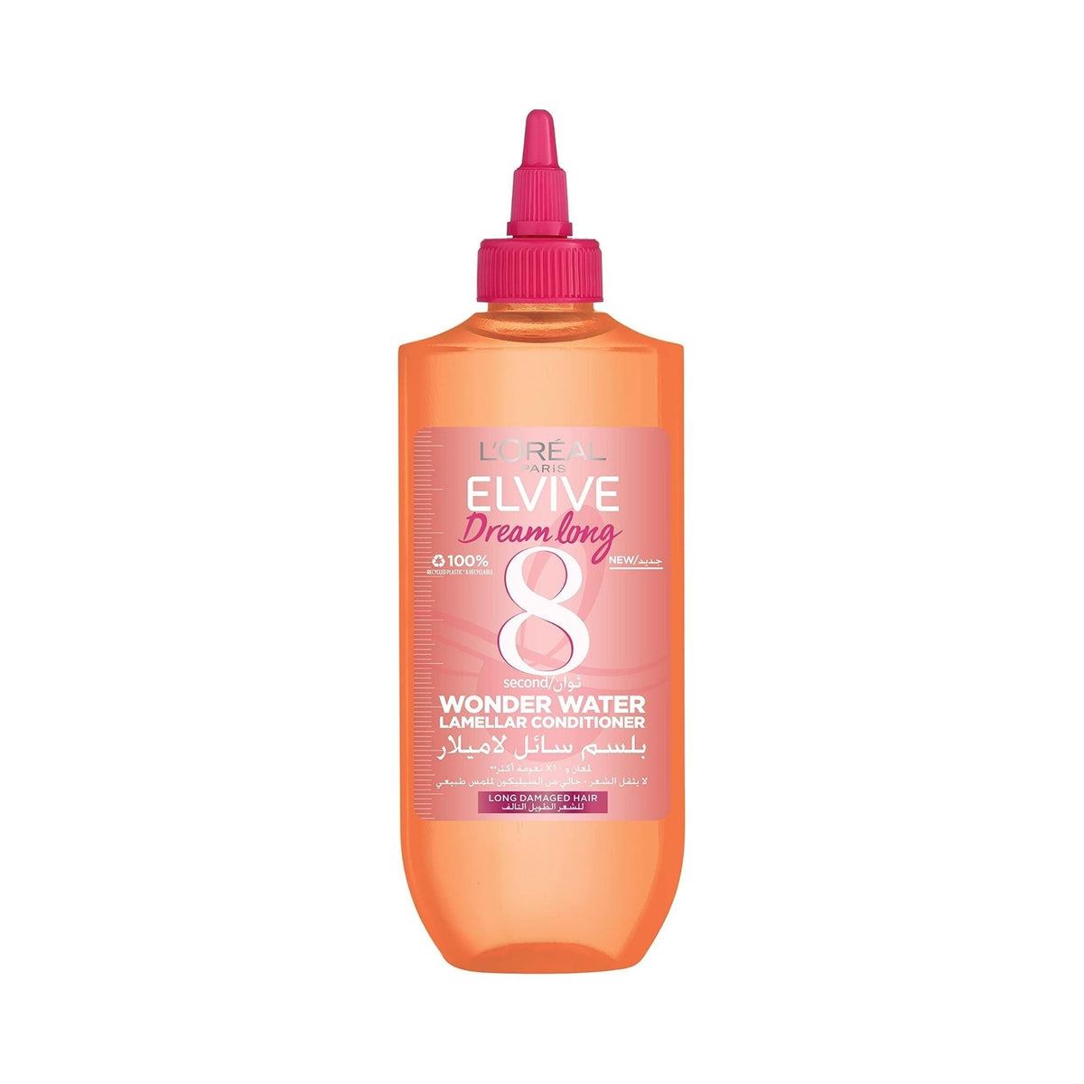Refect Beauty L'Oreal Paris Elvive Dream Long Wonder Water lamellar hair treatment in an orange bottle with pink cap.