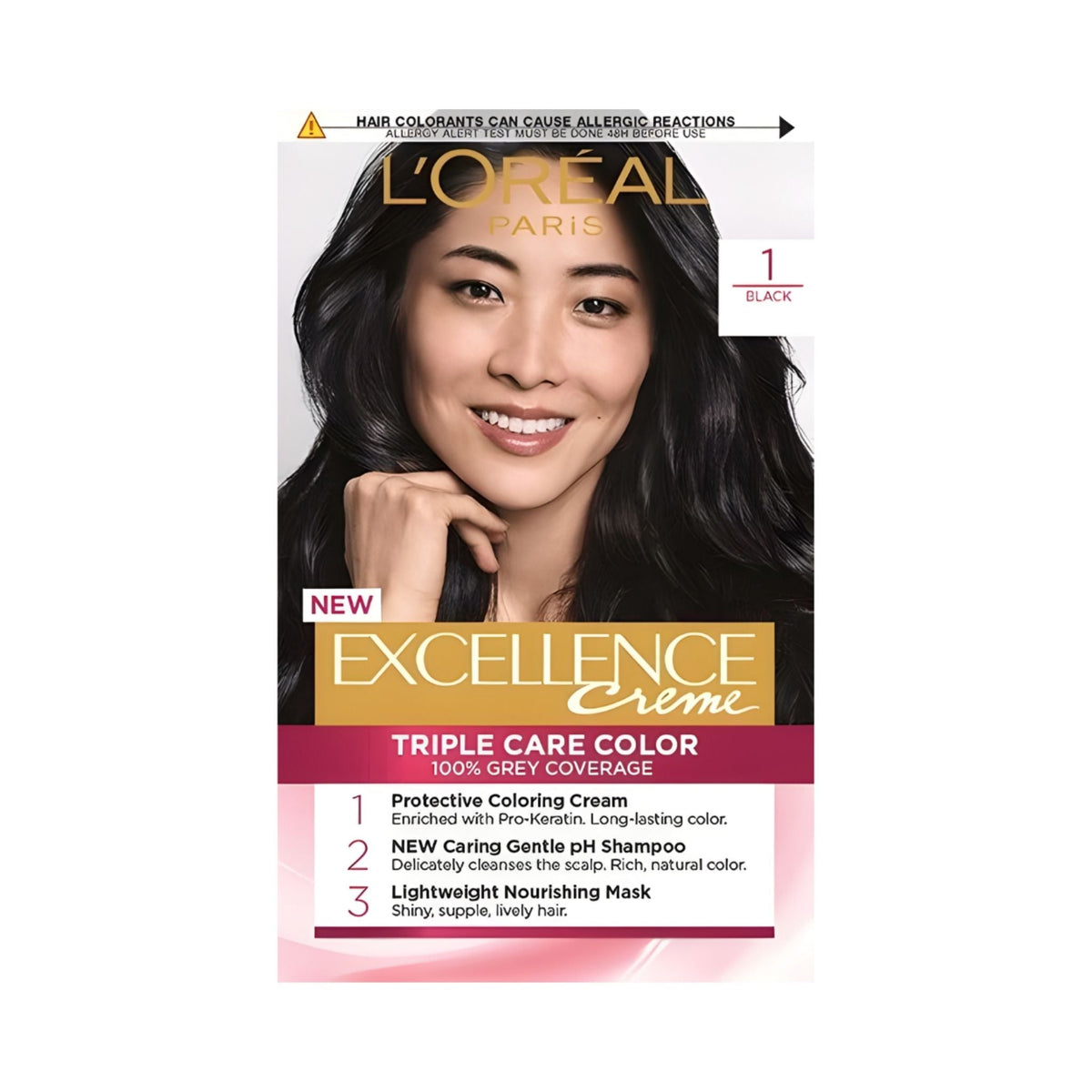 Refect Beauty L'Oreal Paris Excellence Cream permanent hair color box in black shade 1 with model photo