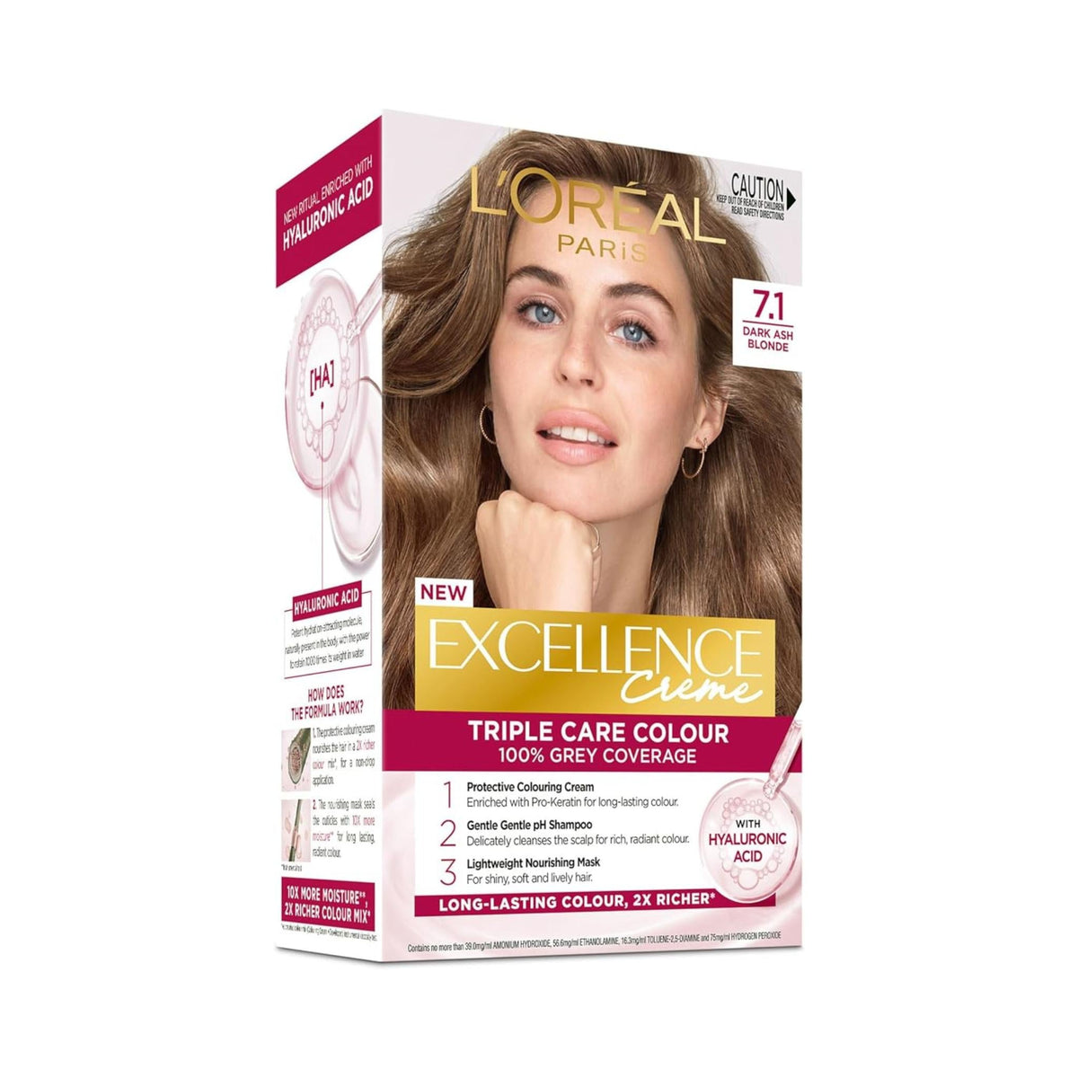 Refect Beauty L'Oréal Paris Excellence Creme 7.1 Dark Ash Blonde permanent hair dye box with model photo