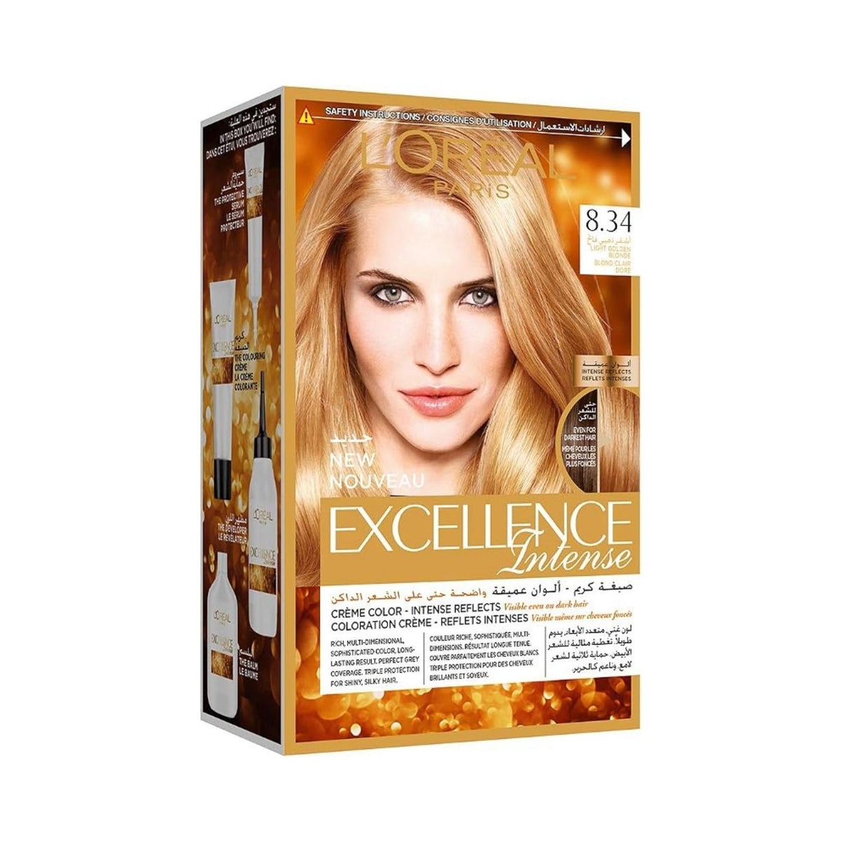 Refect Beauty L'Oreal Paris Excellence Intense hair color box in 8.34 Light Golden Blonde with model photo