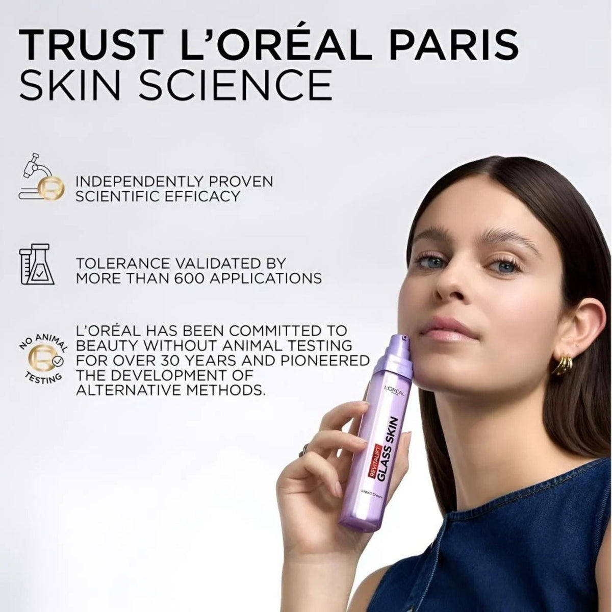Refect Beauty model holding L'Oréal Paris Revitalift Clinical Glass Skin Cream Fluid Filler bottle with text overlay