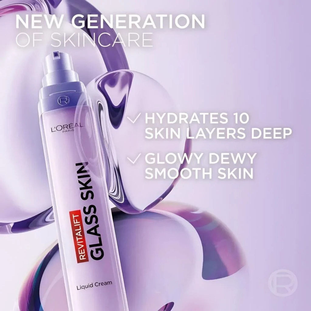 Refect Beauty L'Oréal Paris Revitalift Glass Skin Cream Fluid in a purple bottle with hydrating and glow benefits.