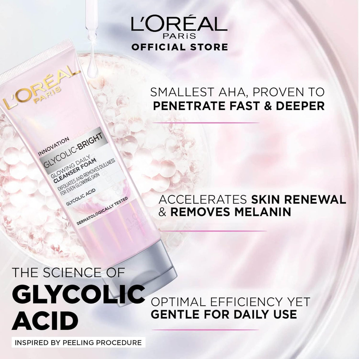 Refect Beauty L'Oreal Paris Glycolic Bright foaming cleanser tube featuring glycolic acid for radiant skin.