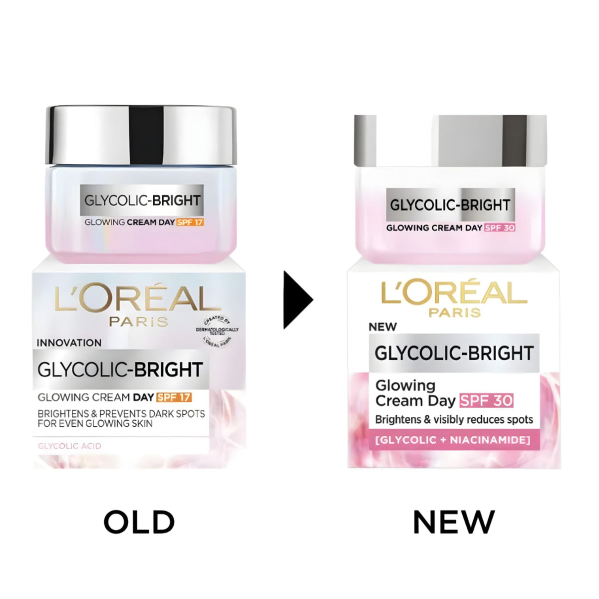 Refect Beauty L'Oreal Paris Glycolic Bright Day Cream SPF 30 showing old and new packaging comparison