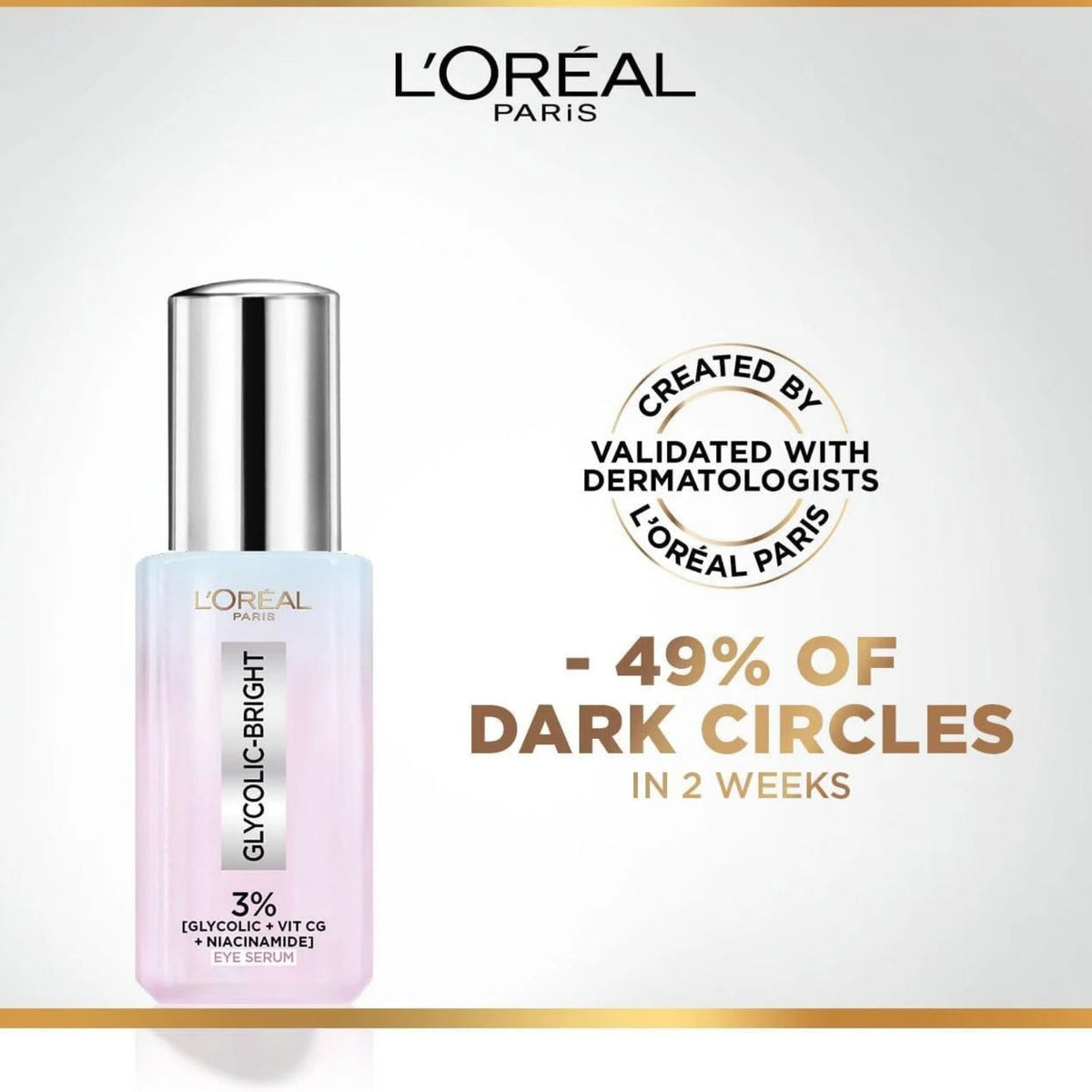Refect Beauty L'Oreal Paris Glycolic Bright Eye Serum bottle with gradient pink and blue packaging