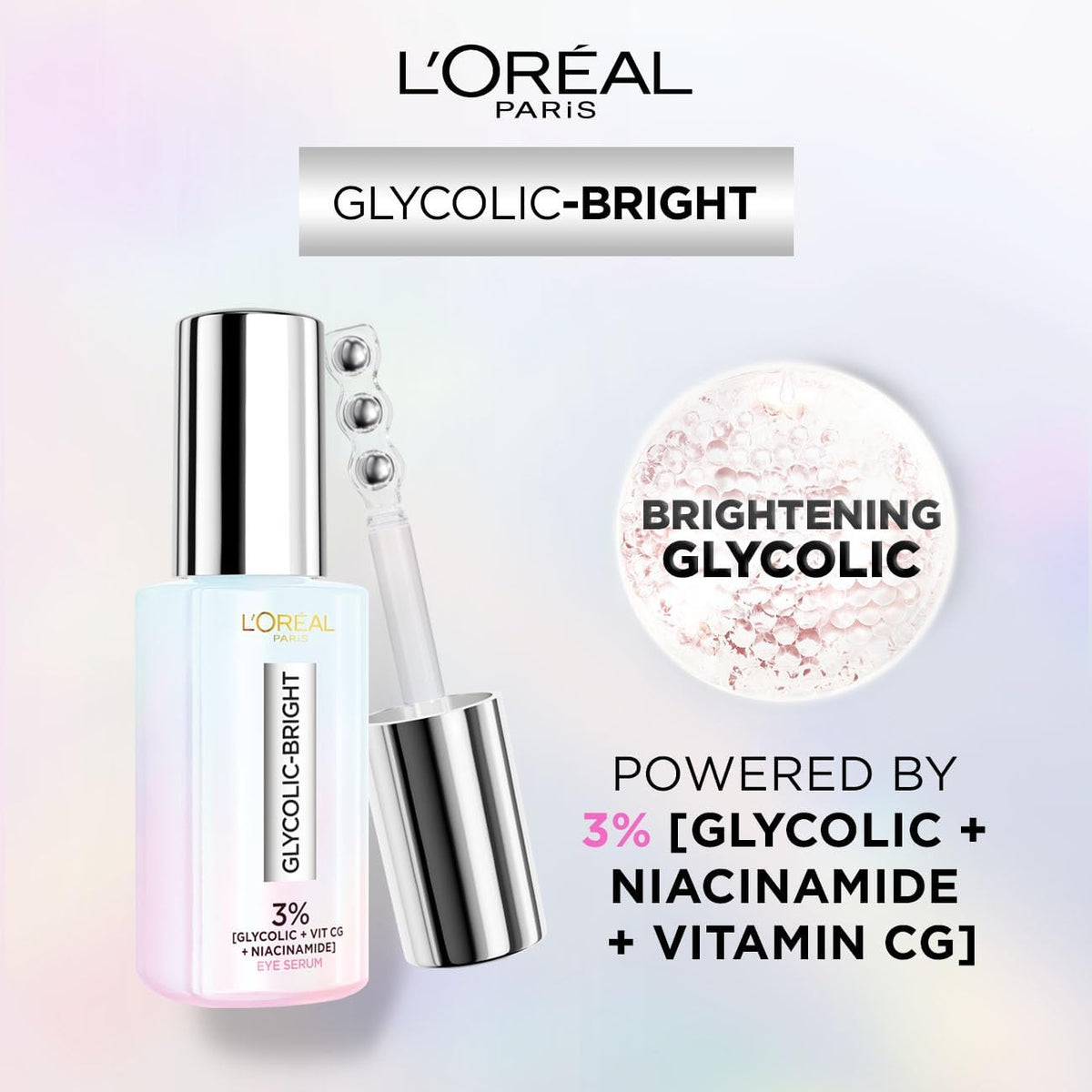 Refect Beauty L'Oreal Paris Glycolic Bright Eye Serum bottle with triple roller applicator for dark circles