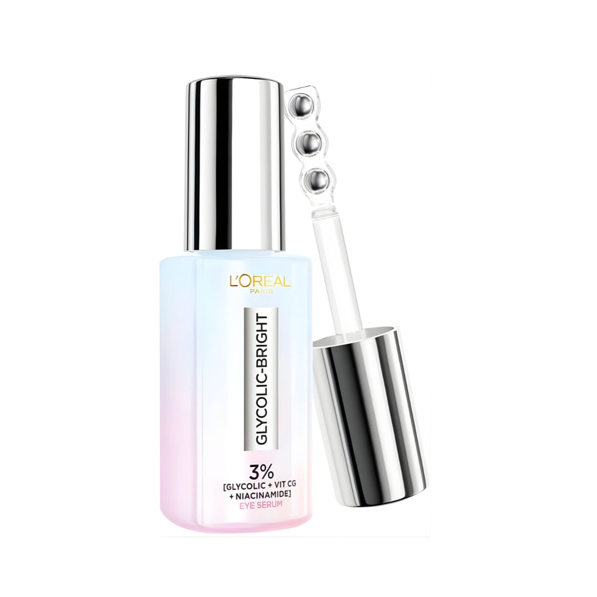Refect Beauty L'Oreal Paris Glycolic Bright Eye Serum in a gradient bottle with a triple-roller applicator wand.