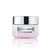 Refect Beauty L'Oreal Paris Glycolic Bright Night Cream in a pearlescent jar with a silver lid for skin brightening.
