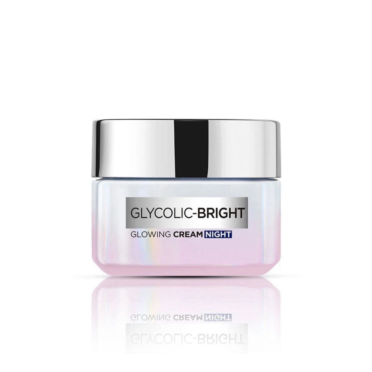 Refect Beauty L'Oreal Paris Glycolic Bright Night Cream in a pearlescent jar with a silver lid for skin brightening.