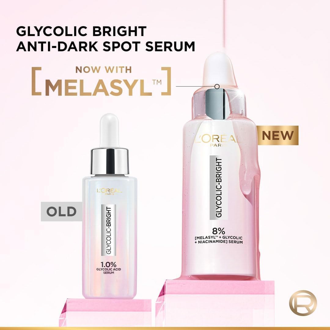 Refect Beauty L'Oreal Paris Glycolic Bright serum comparison showing old and new packaging with Melasyl formula