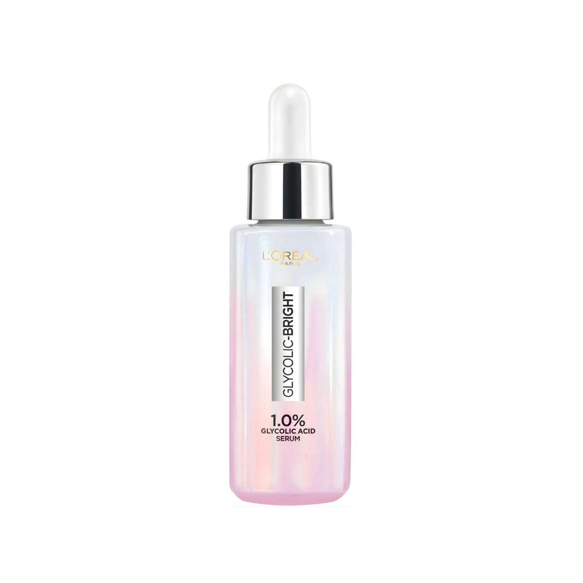 Refect Beauty L'Oreal Paris Glycolic Bright face serum in a gradient pink and white glass bottle with a dropper cap.
