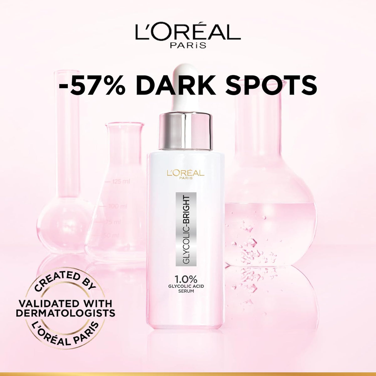 Refect Beauty L'Oreal Paris Glycolic Bright face serum bottle with pink gradient packaging and lab glassware background