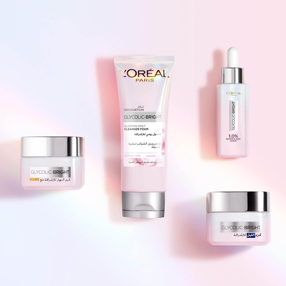 Refect Beauty L'Oreal Paris Glycolic Bright skincare set including cleanser foam, serum, and day and night creams.