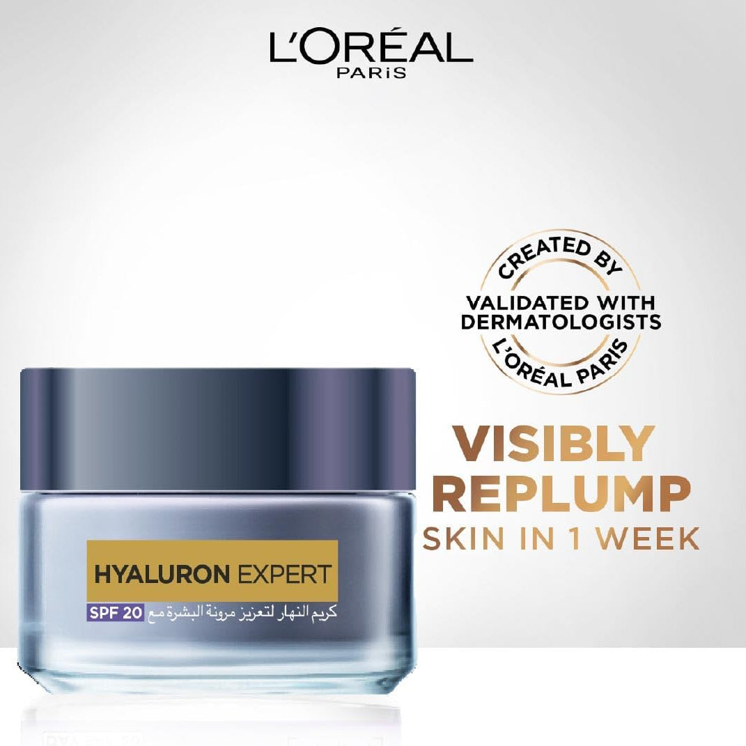 Refect Beauty L'Oréal Paris Hyaluron Expert Day Cream jar with SPF 20 for hydrating and plumping skin