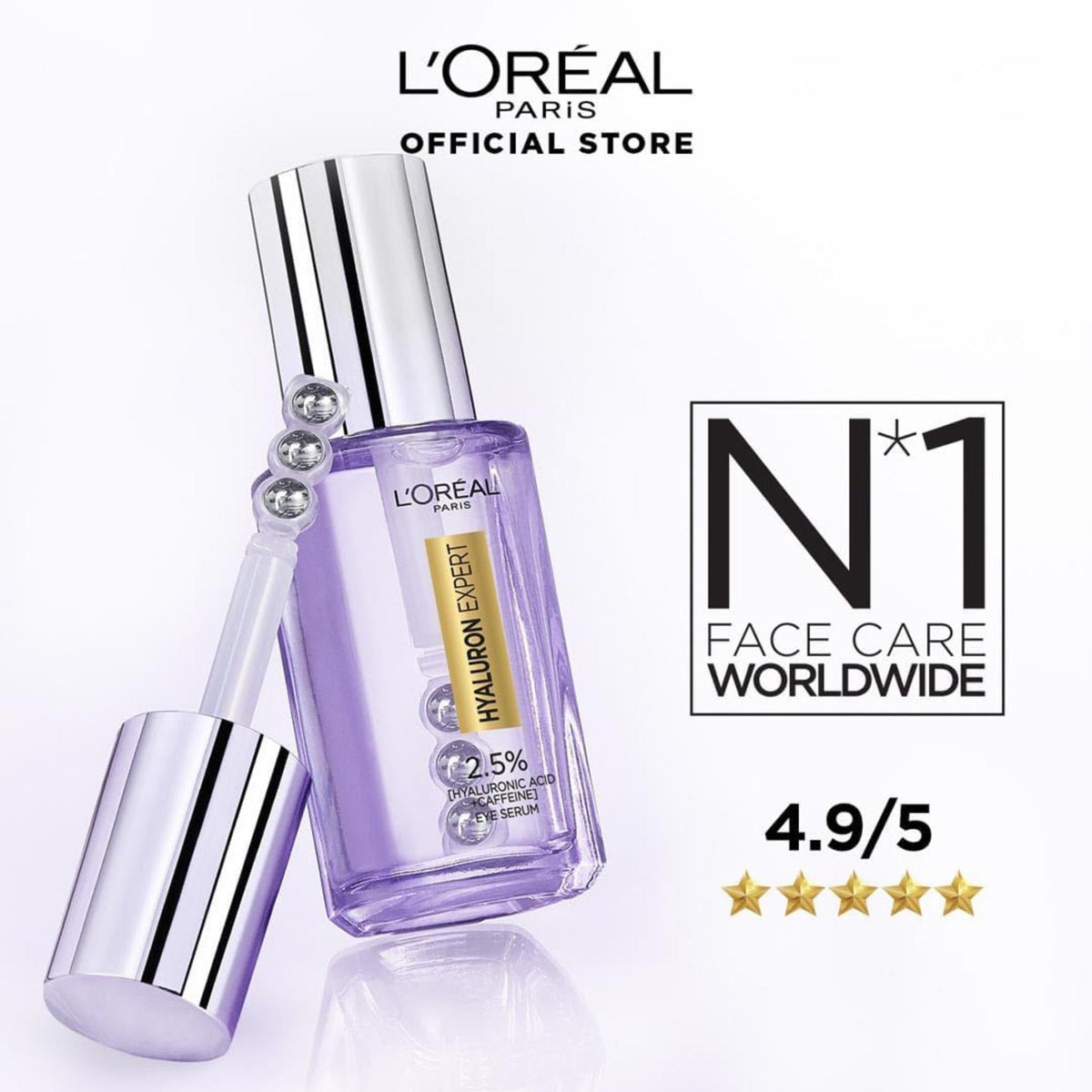 Refect Beauty L'oreal Hyaluron Expert eye serum in a purple glass bottle with a triple rollerball applicator