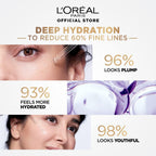 Refect Beauty L'oreal Hyaluron Expert serum and mask skincare routine showing hydration results on a woman's face