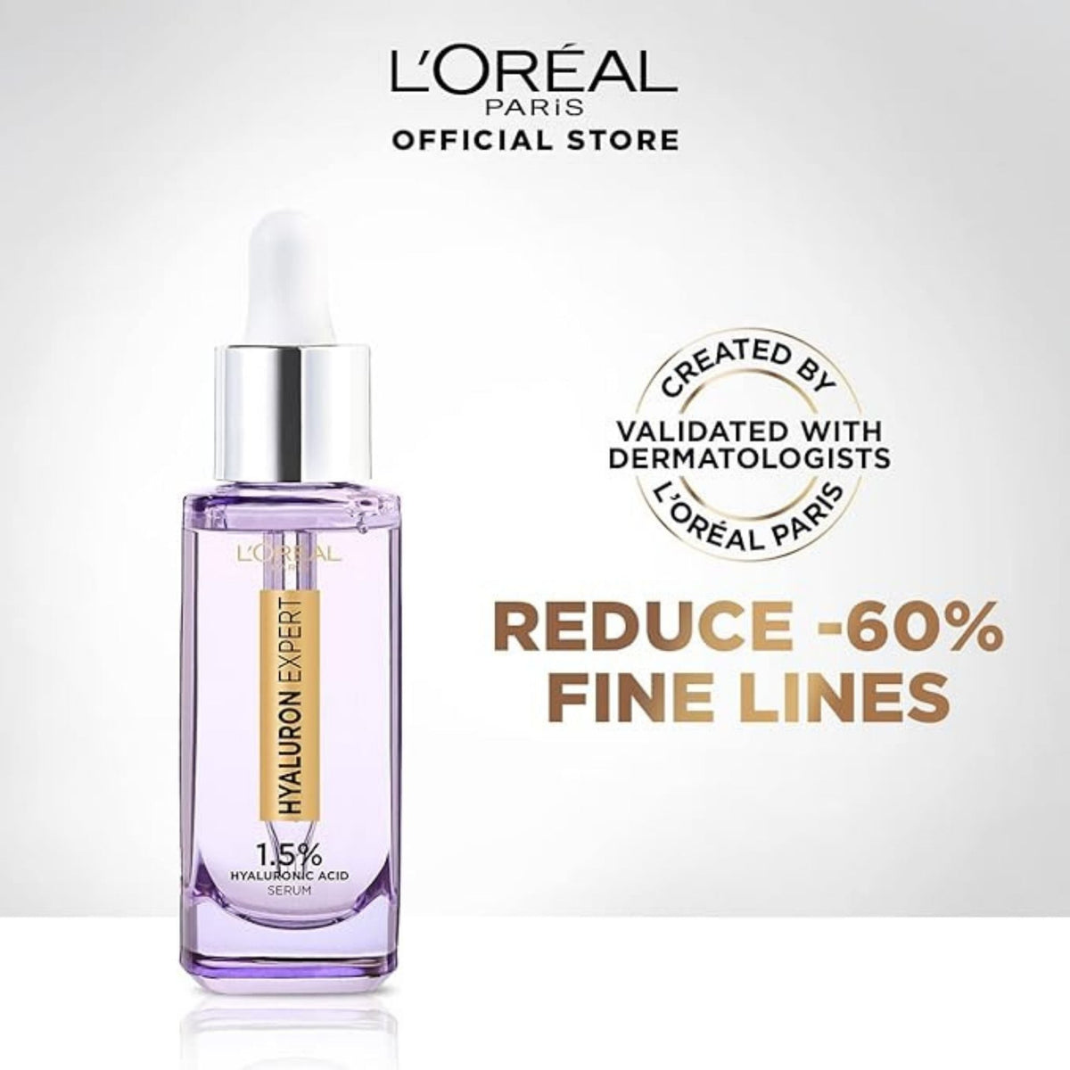 Refect Beauty L'Oréal Paris Hyaluron Expert 1.5% Hyaluronic Acid serum in a purple glass bottle with a dropper.