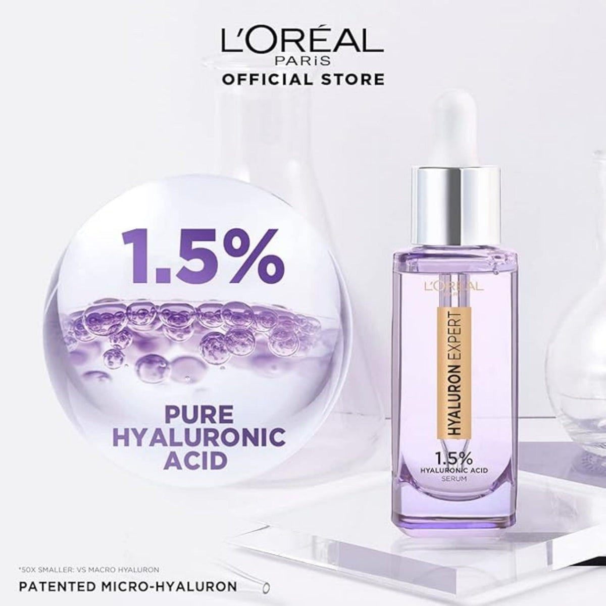 Refect Beauty L'Oréal Paris Hyaluron Expert Serum bottle with 1.5% pure hyaluronic acid formula for skin hydration