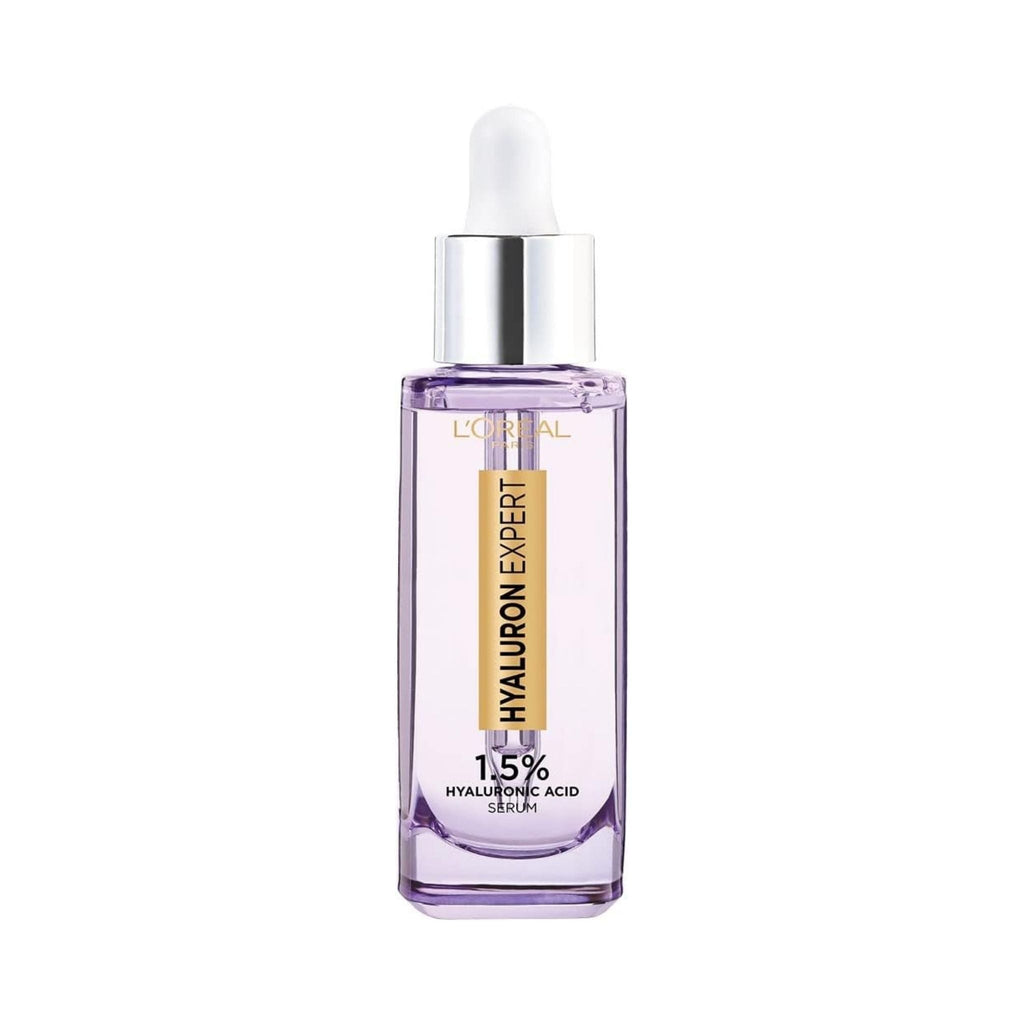 Refect Beauty L'Oréal Paris Hyaluron Expert 1.5% Hyaluronic Acid facial serum in a clear purple glass dropper bottle.