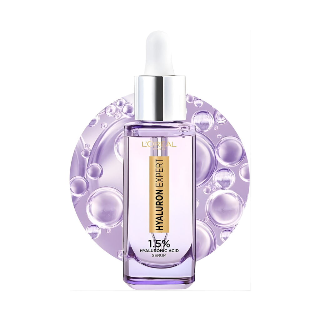 Refect Beauty L'oreal Hyaluron Expert 1.5% Hyaluronic Acid face serum in a glass dropper bottle with purple background