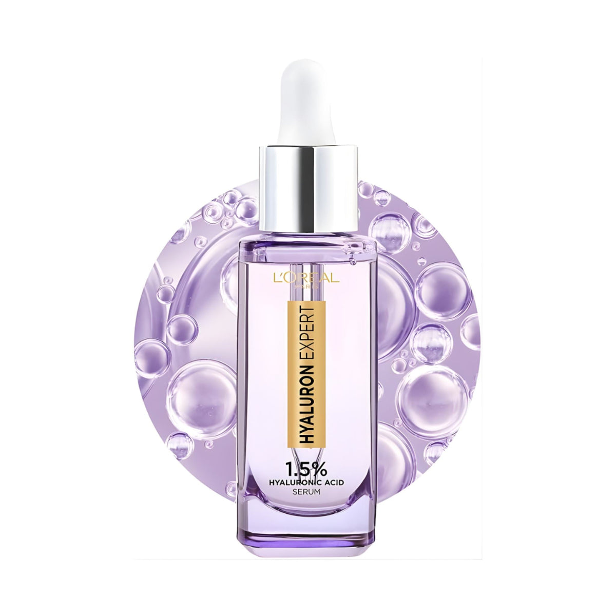 Refect Beauty L'oreal Hyaluron Expert 1.5% Hyaluronic Acid face serum in a glass dropper bottle with purple background