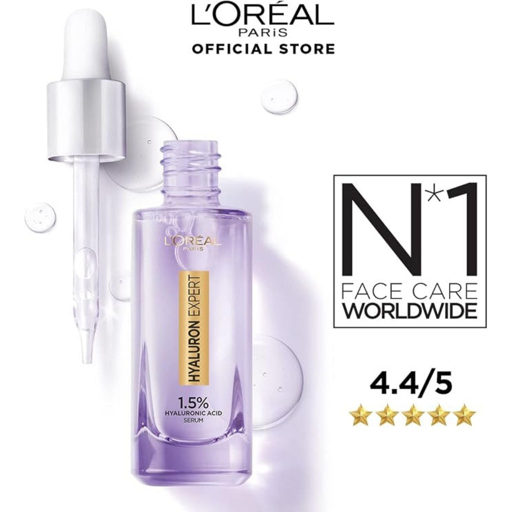 Refect Beauty L'Oréal Paris Hyaluron Expert 1.5% Hyaluronic Acid serum in a purple glass bottle with dropper.