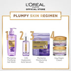 Refect Beauty L'Oreal Hyaluron Expert skincare regimen set including gel wash, serum, tissue mask, and day/night creams.