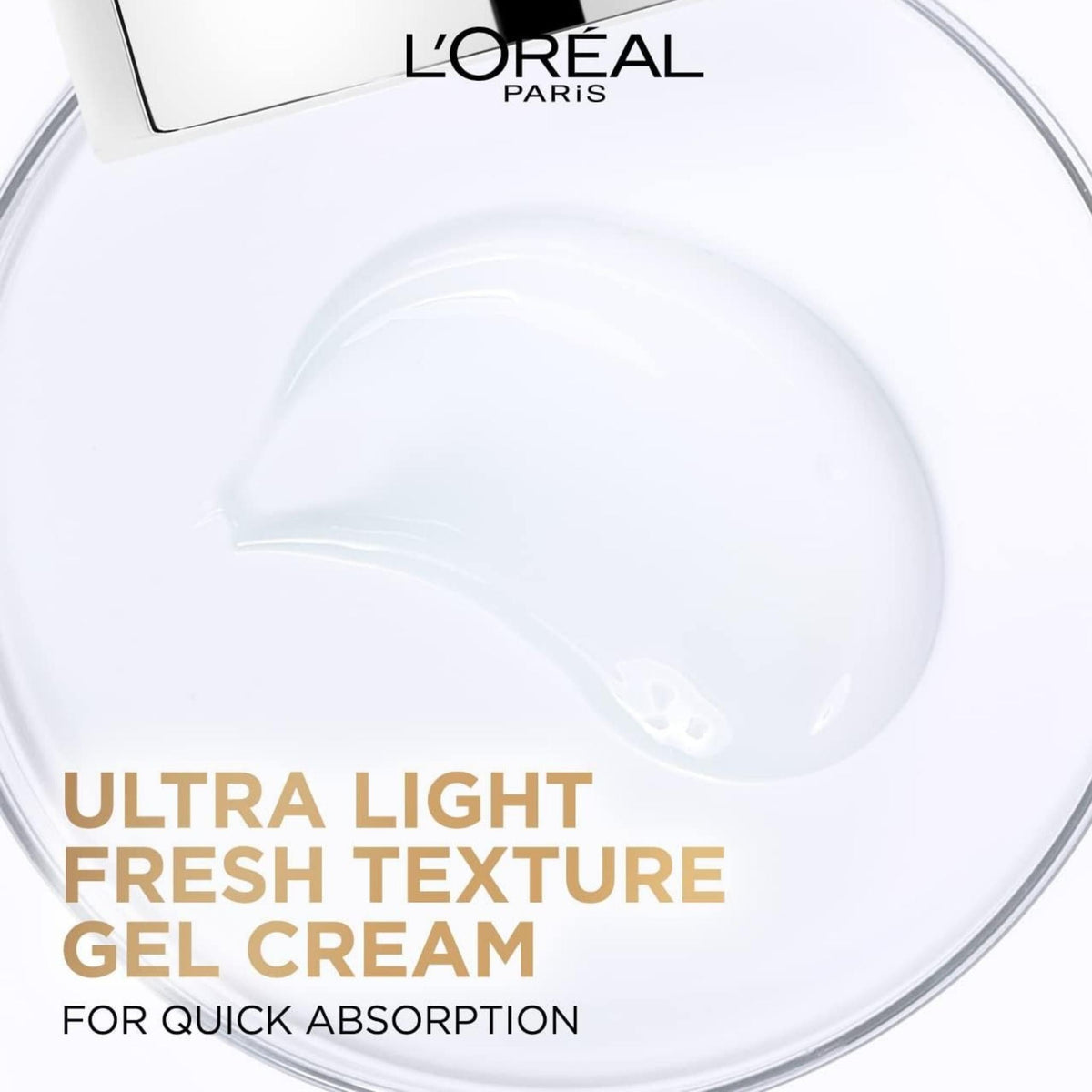 Refect Beauty L'Oreal Paris Hyaluron Expert gel cream texture showing a clear, lightweight formula in a petri dish
