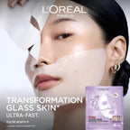 Refect Beauty model applying L'Oréal Paris Revitalift Filler hydrogel sheet mask for a radiant glass skin glow.