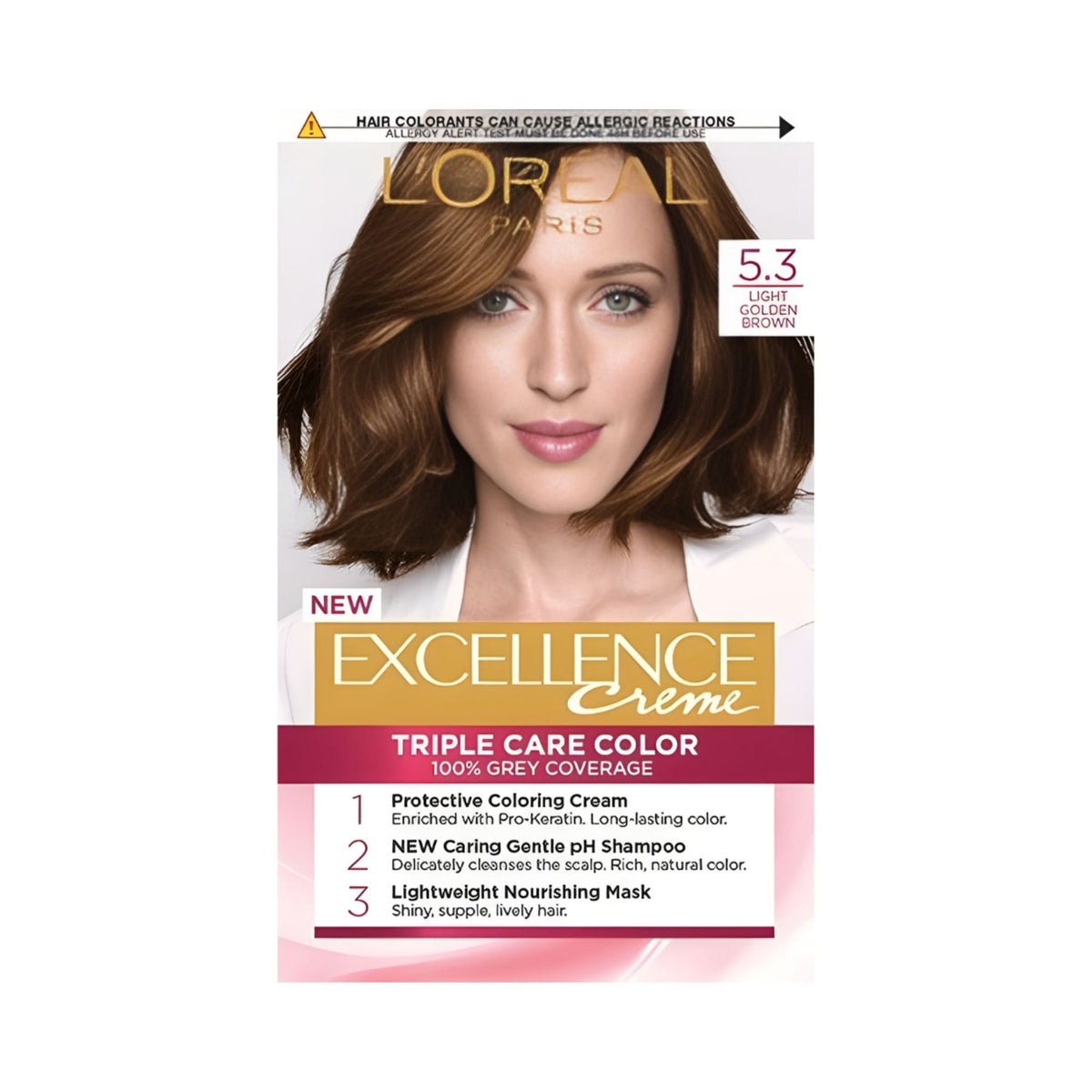 Refect Beauty L'Oreal Paris Excellence Cream 5.3 Light Golden Brown hair color box with model showing shiny brown hair