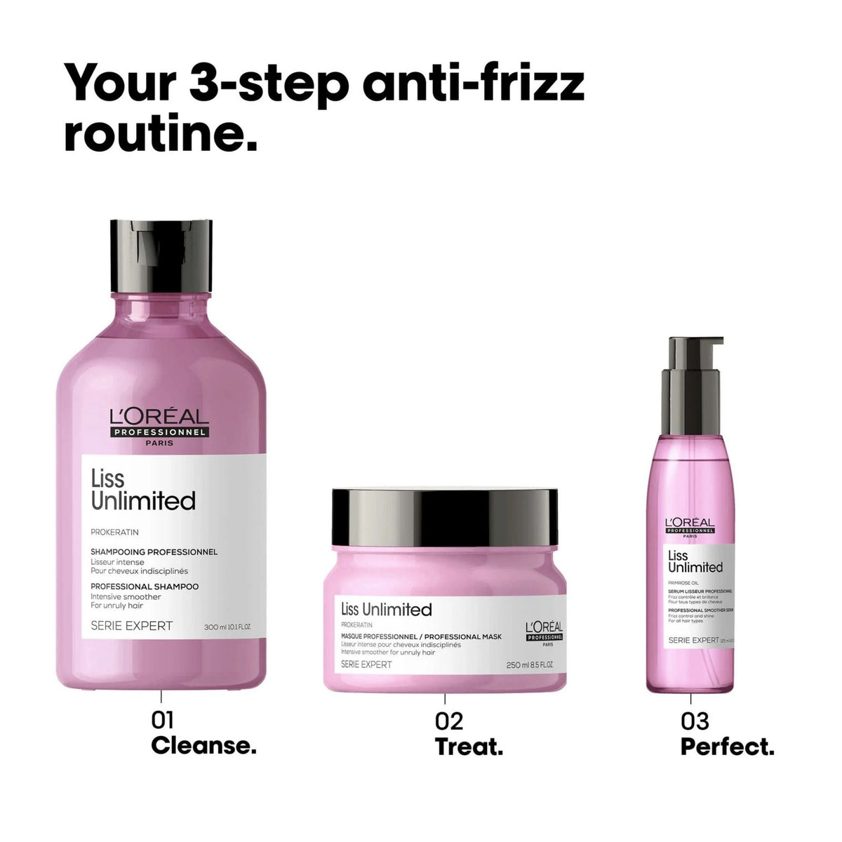 Refect Beauty L'Oréal Professionnel Liss Unlimited 3-step anti-frizz hair care routine set with shampoo, mask, and serum