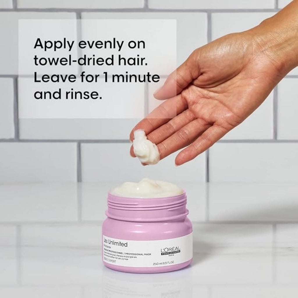 Refect Beauty L'Oréal Professionnel Liss Unlimited hair mask in a pink jar with cream texture on a hand