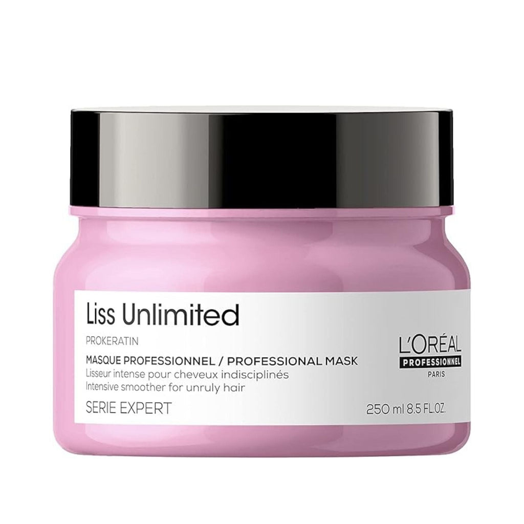Refect Beauty L'Oréal Professionnel Liss Unlimited smoothing hair mask in a pink jar for frizzy and unruly hair