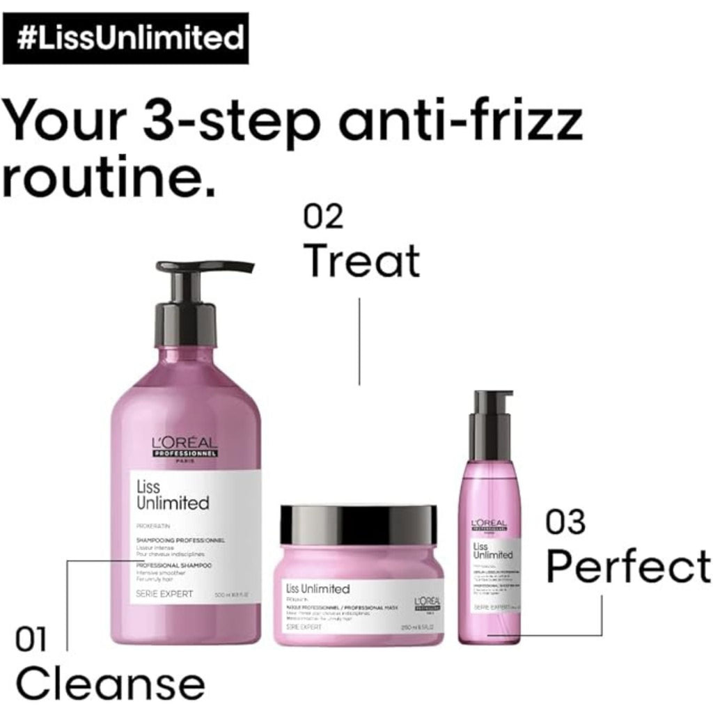 Refect Beauty L'Oréal Professionnel Liss Unlimited 3-step anti-frizz hair care routine set with shampoo, mask, and oil.