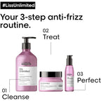 Refect Beauty L'Oréal Professionnel Liss Unlimited 3-step anti-frizz hair care routine set with shampoo, mask, and oil.